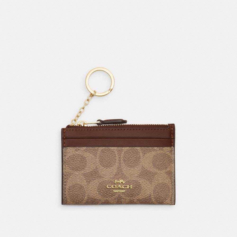 COACH®,Mini Skinny Id Case In Signature Canvas,Card Case,Color Block,Metal,Logo,Sustainable,Key Ring,Casual,Brown,Front View