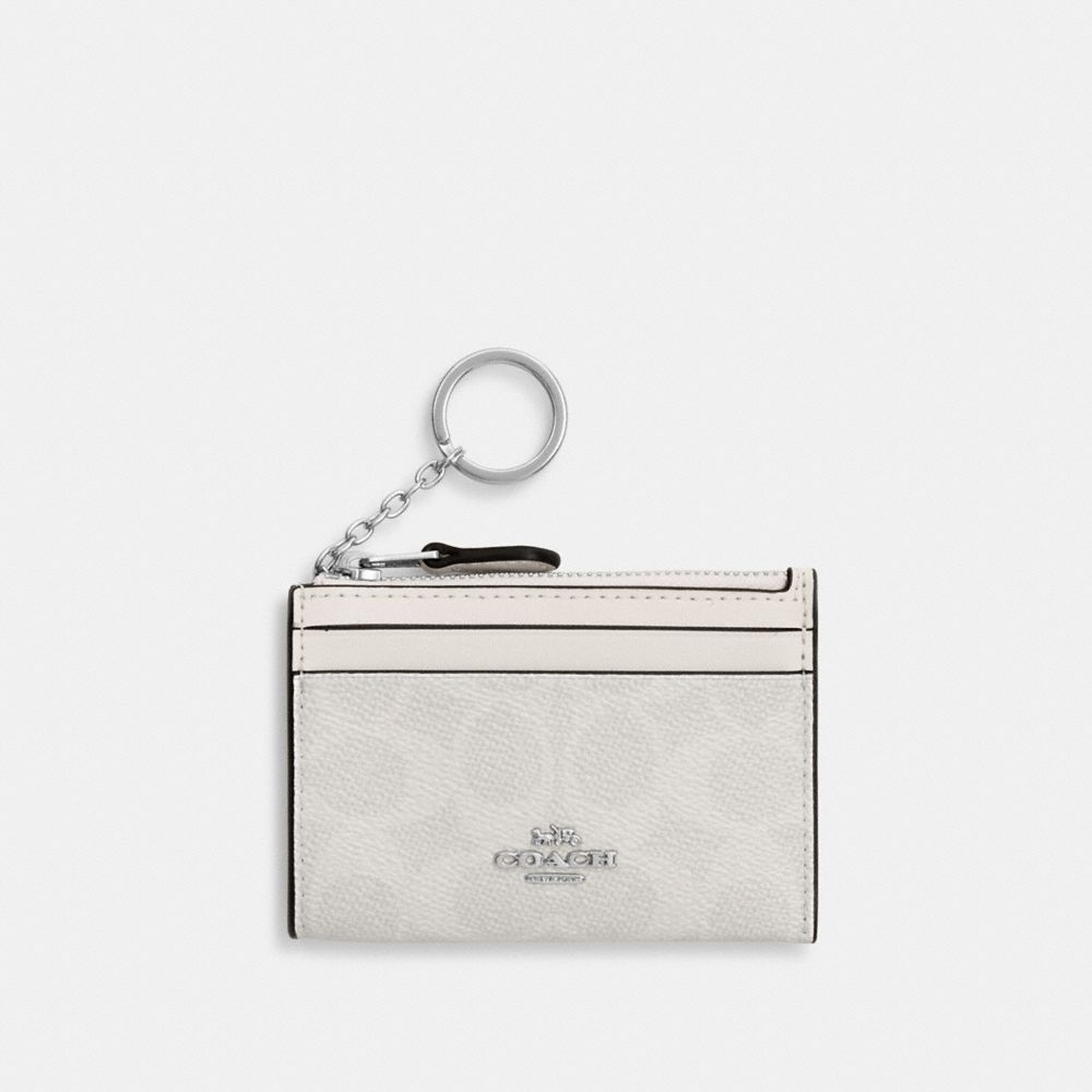 COACH®,Mini Skinny Id Case In Signature Canvas,Card Case,Color Block,Metal,Logo,Sustainable,Key Ring,Casual,Gray,Front View