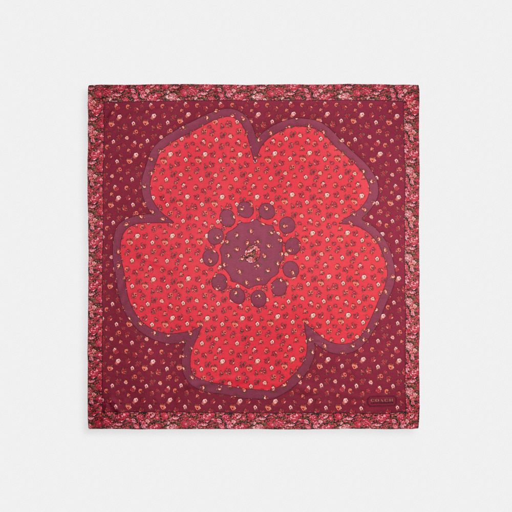 COACH®,Tea Rose Floral Print Silk Square Scarf,Silk,Square,Logo,Word Embellishment,Pattern,Casual,Multi Color,Front View