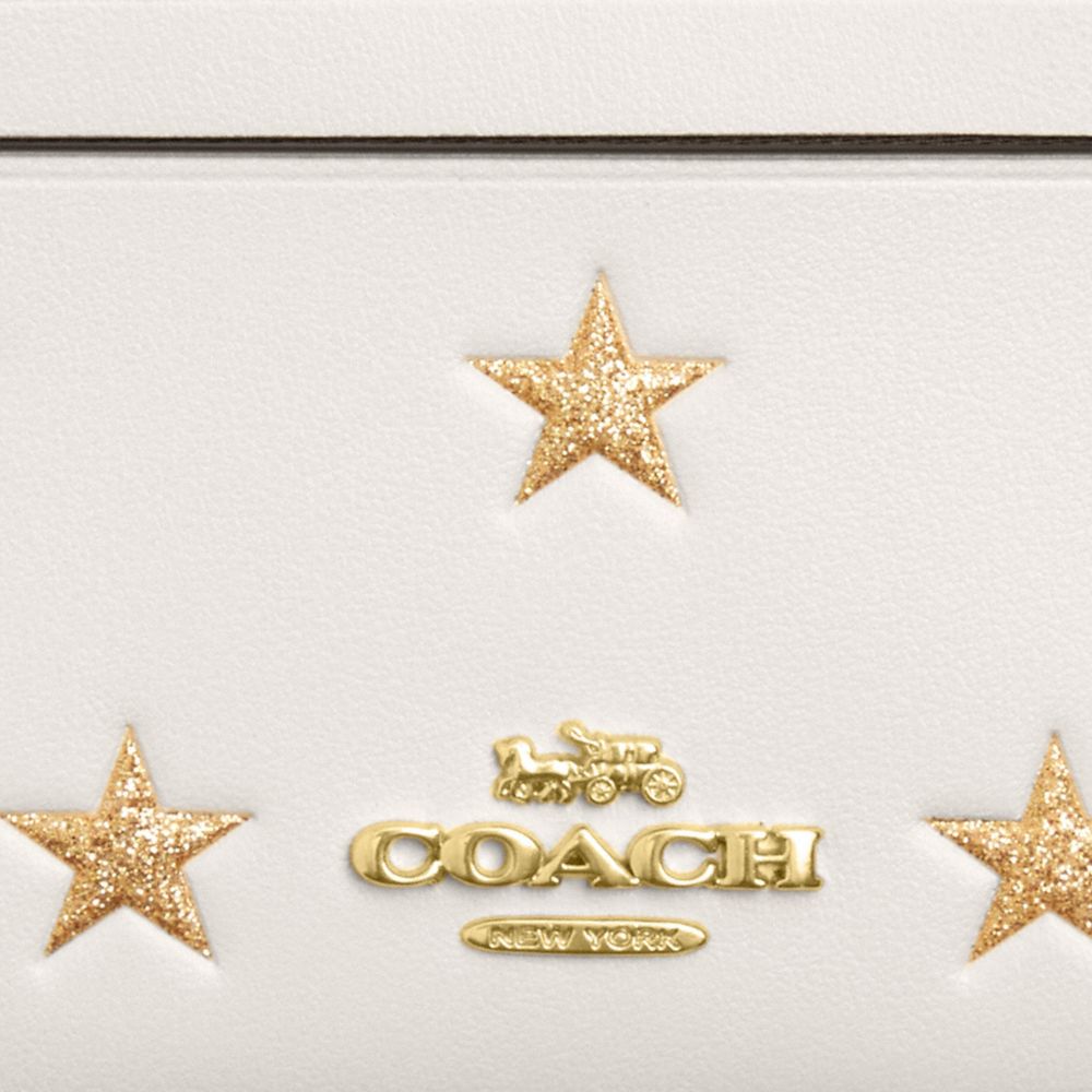 COACH®,Mini Skinny Id Case With Star Print,Calfskin Leather,Card Case,Metal,Logo,Key Ring,Casual,White