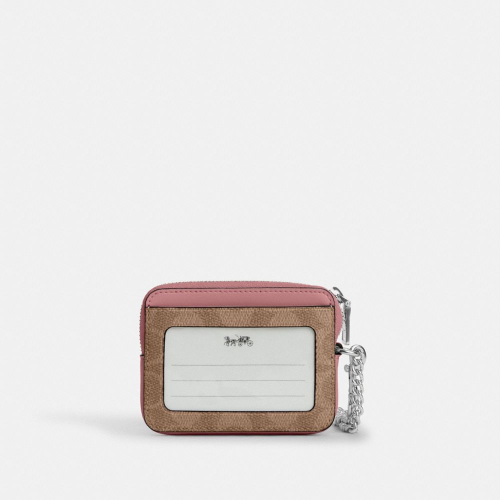COACH®,PORTE-CARTES ZIPPÉ EN TOILE EXCLUSIVE,Toile exclusive,Sv/Marron orangé/Rose poudré,Back View