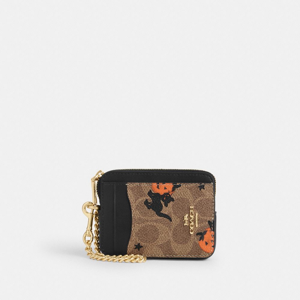 COACH®,Zip Card Case In Signature Canvas With Halloween Print,Canvas,Card Case,Color Block,Casual,Brown,Front View