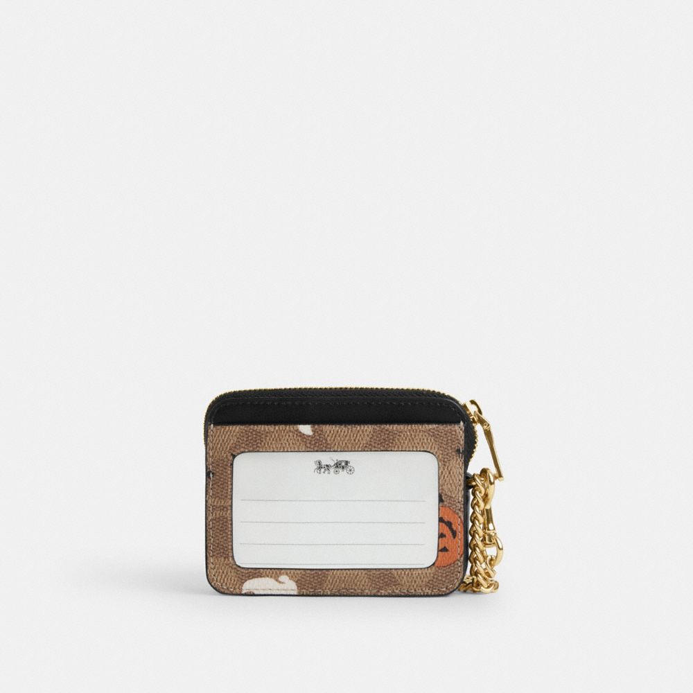 COACH®,Zip Card Case In Signature Canvas With Halloween Print,Canvas,Card Case,Color Block,Casual,Brown,Back View