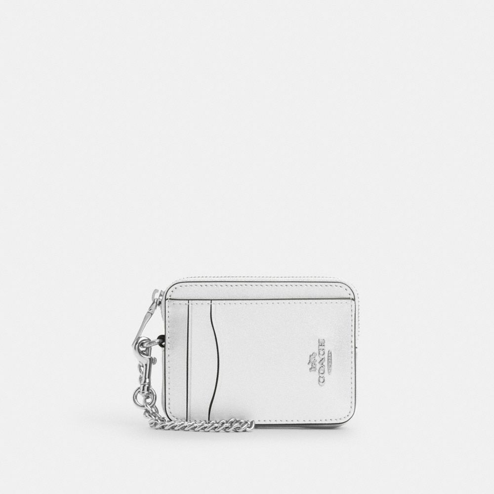 COACH®,PORTE-CARTES À FERMETURE ÉCLAIR,Argent/Trèfle pâle,Front View