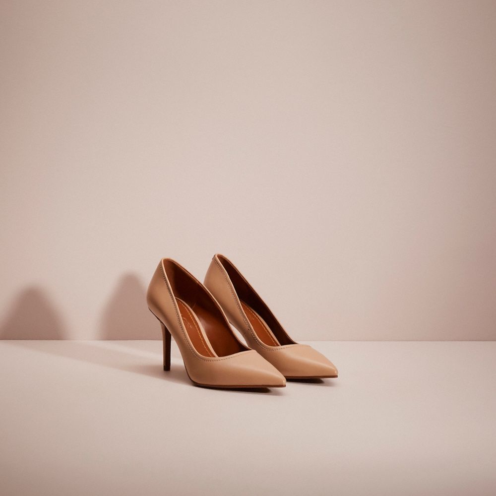 COACH®,Restored Waverly Pump,Leather,Pumps,Studded,Scallop,Silver Metal,Cocktail,Beige,Angle View