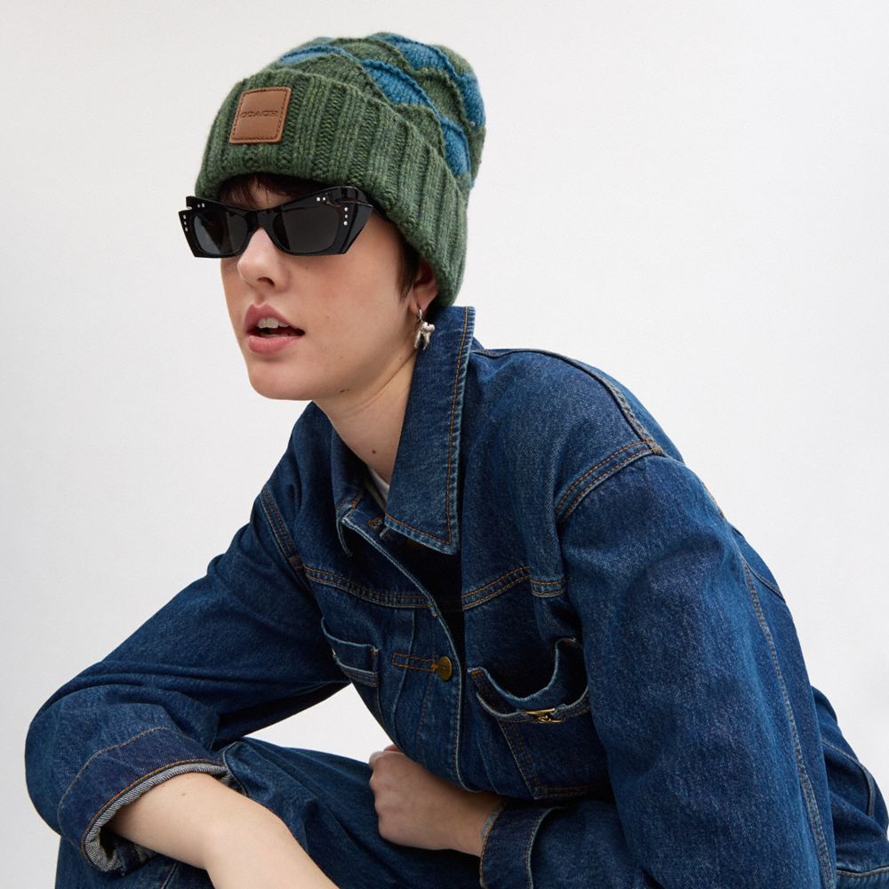 COACH®,Bobble Stripe Beanie,Wool,Beanie,Logo,Insulated,Casual,Multi Color,Detail View