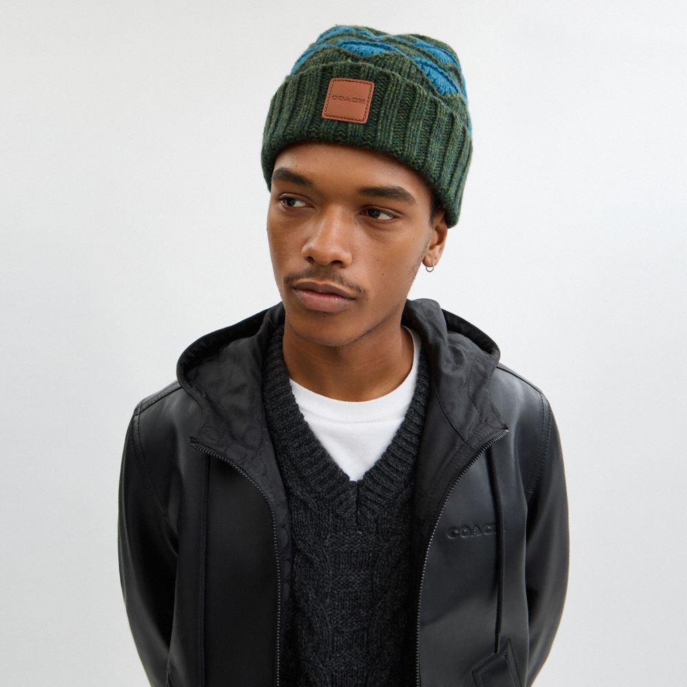 COACH®,Bobble Stripe Beanie,Wool,Beanie,Logo,Insulated,Casual,Multi Color,Angle View