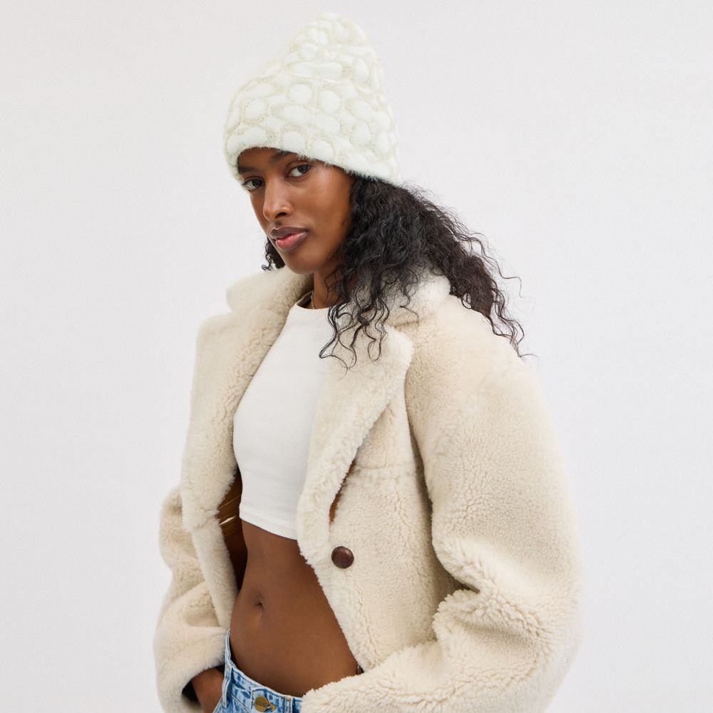 COACH®,Signature Metallic Beanie,Wool Blend,Beanie,Casual,Cream,Detail View
