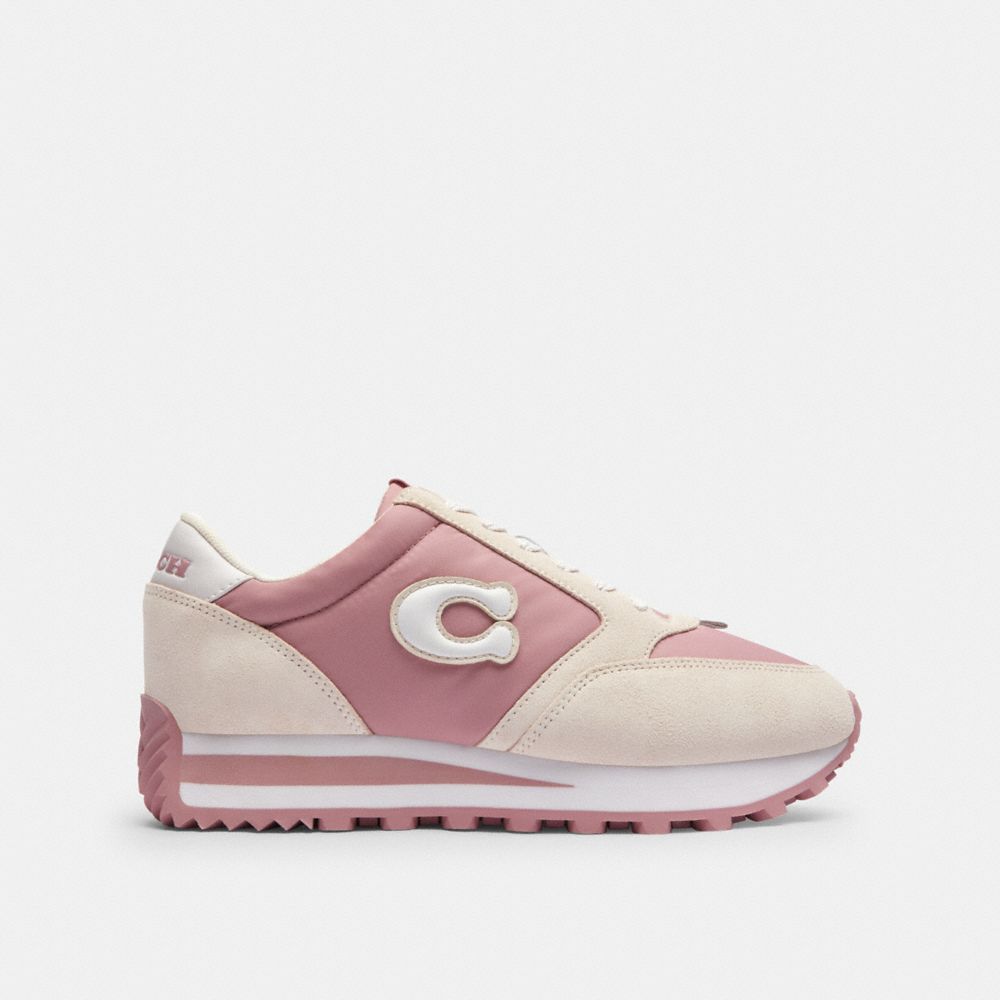COACH®,Runner Sneaker,Recycled Polyester,Suede,Activewear,Fabric,Logo,Mixed Media,Pull Tab,Running,Multi Color,Angle View