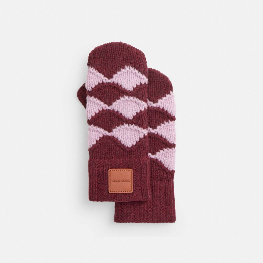 COACH®,Bobble Stripe Mittens,Wool,Mittens,Logo,Casual,Maroon,Front View