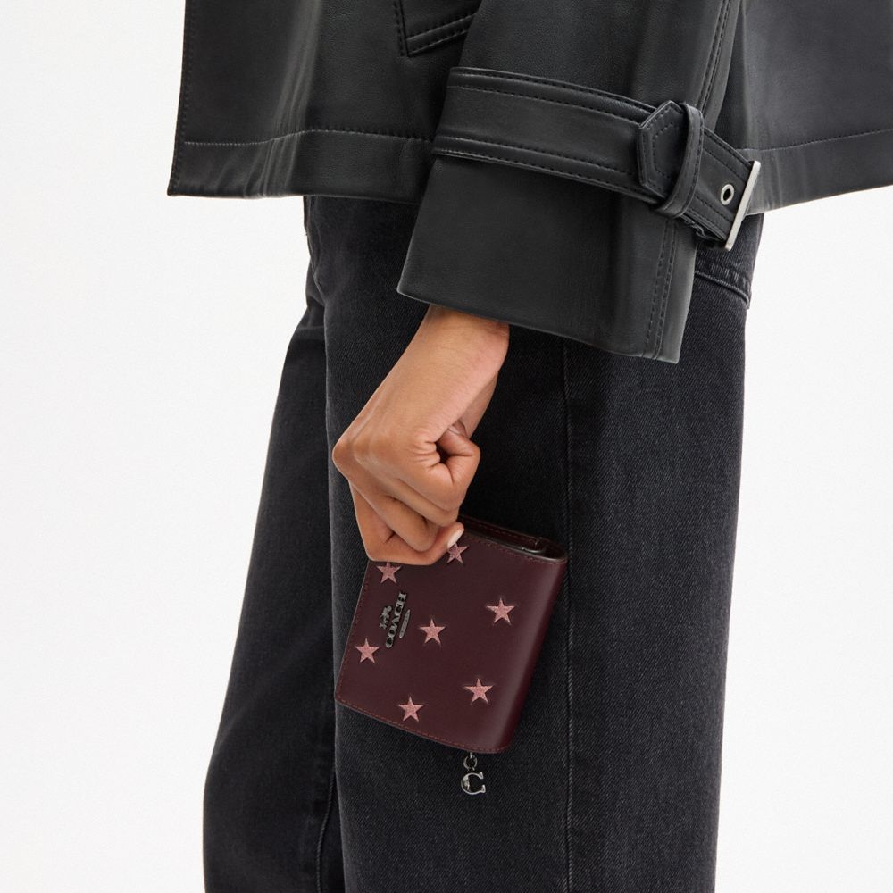 COACH®,Boxed Snap Wallet And Picture Frame Bag Charm With Star Print,Calfskin Leather,Bag Charm,Bi Fold,Logo,Metal,Key Rin...,Brown,Detail View