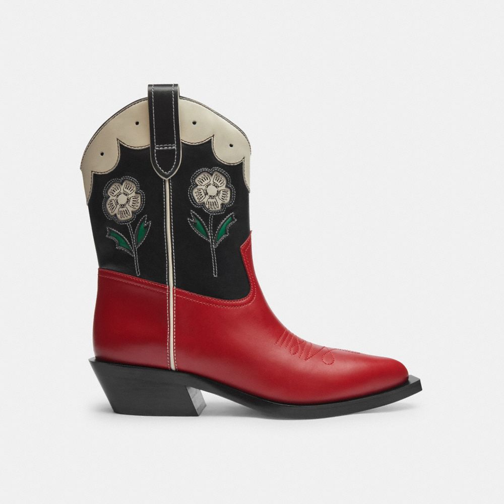 COACH®,Aria Cowboy Boot,Leather,Rubber,Western,Perforated,Notched Embellishment,Piping,Scallop,Stitching,Color Block,Tract...,Multi Color,Angle View