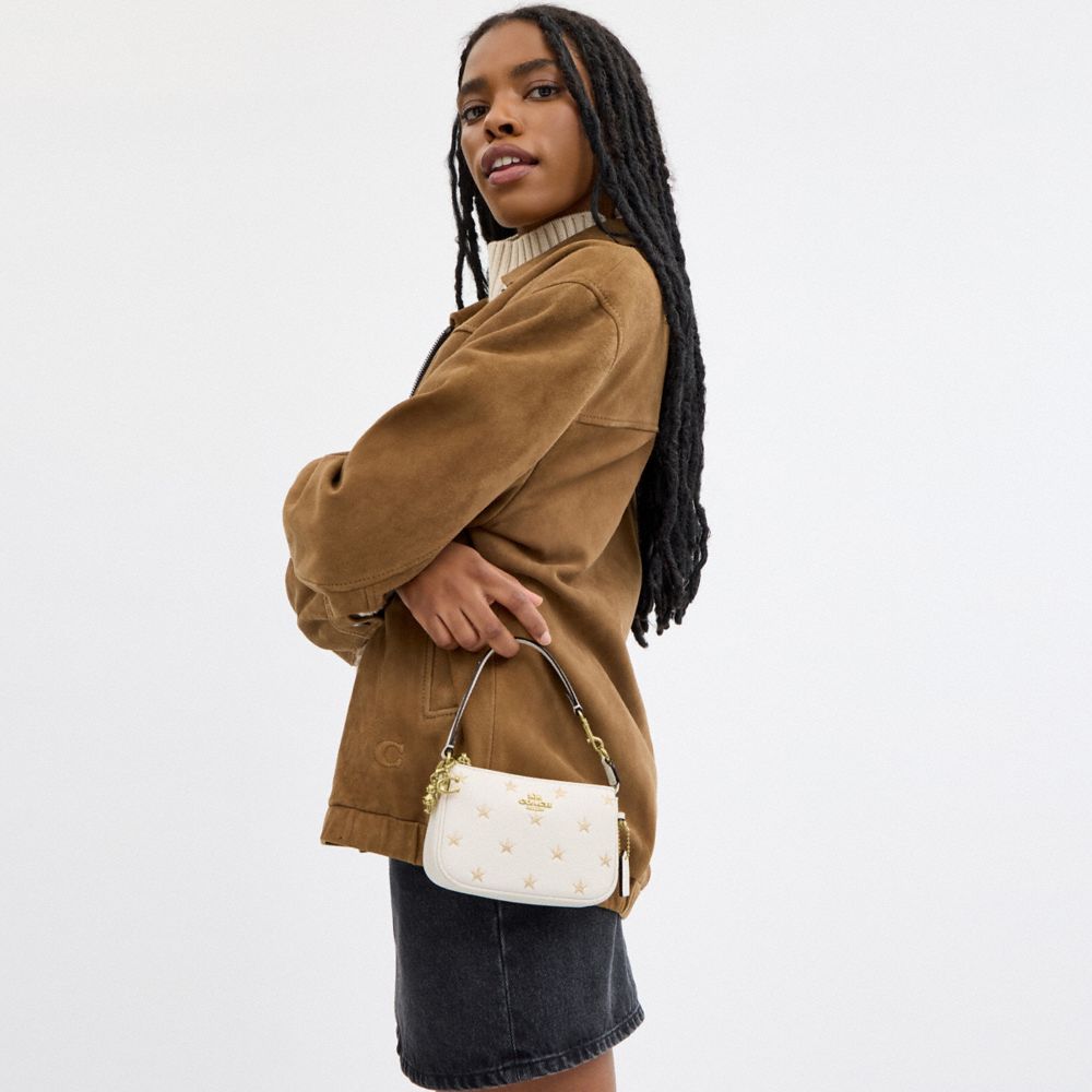 COACH®,Boxed Nolita Bag 15 With Star Print,Leather,Shoulder Bag,3D Embellishment,Metal,Glitter,Logo,Day Party,Casual,White,Detail View