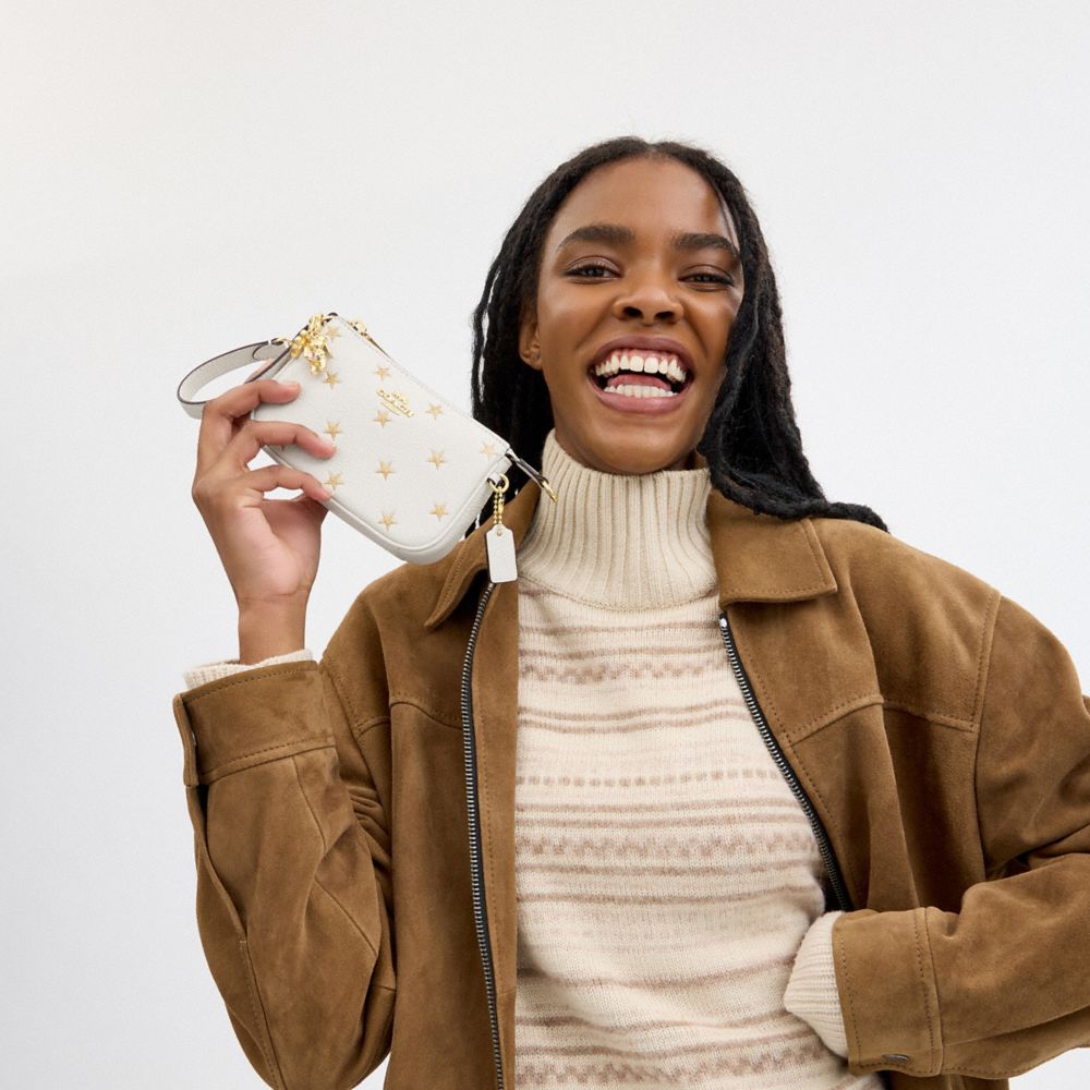 COACH®,Boxed Nolita Bag 15 With Star Print,Leather,Shoulder Bag,3D Embellishment,Metal,Glitter,Logo,Day Party,Casual,White,Detail View