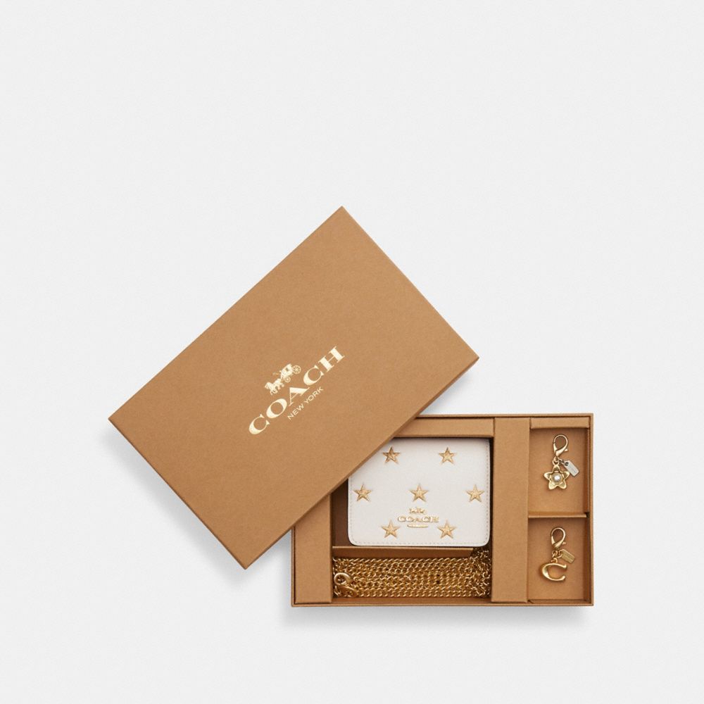 COACH®,Boxed Mini Wallet On A Chain With Star Print,Calfskin Leather,Crossbody,3D Embellishment,Metal,Logo,Casual,White,Front View