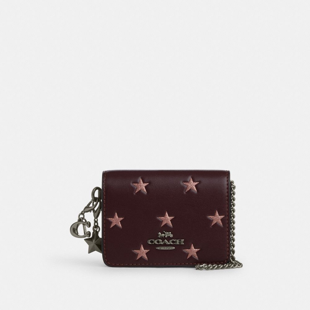 COACH®,MINI-PORTEFEUILLE SUR CHAÎNE AVEC IMPRIMÉ ÉTOILE EN COFFRET,QB/Merlot multi,Front View