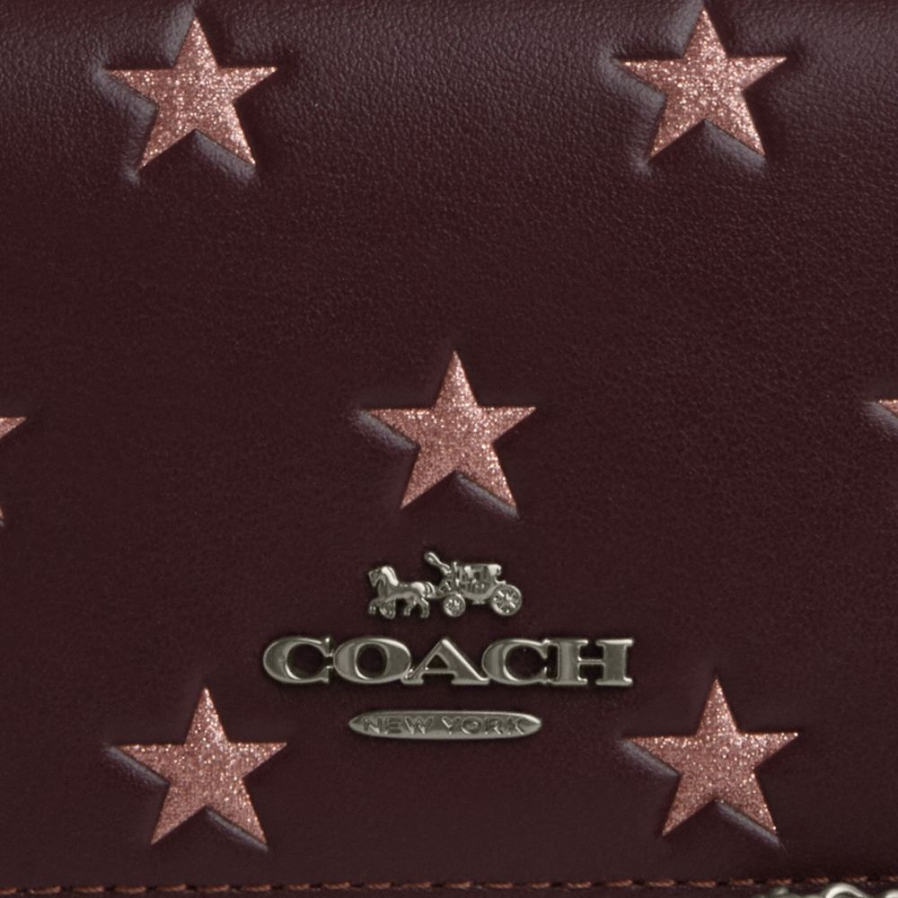 COACH®,Boxed Mini Wallet On A Chain With Star Print,Calfskin Leather,Crossbody,3D Embellishment,Metal,Logo,Casual,Maroon