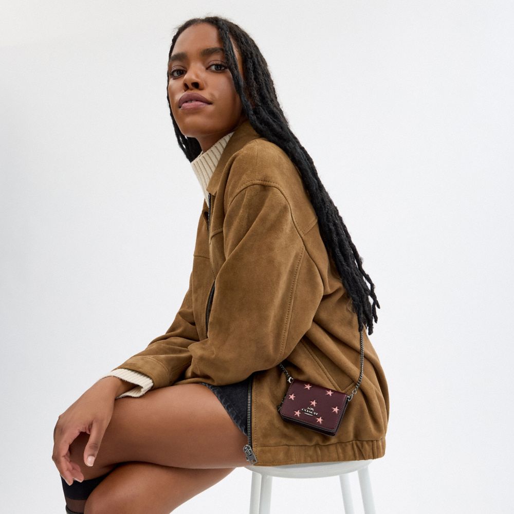 COACH®,Boxed Mini Wallet On A Chain With Star Print,Calfskin Leather,Crossbody,3D Embellishment,Metal,Logo,Casual,Maroon,Detail View