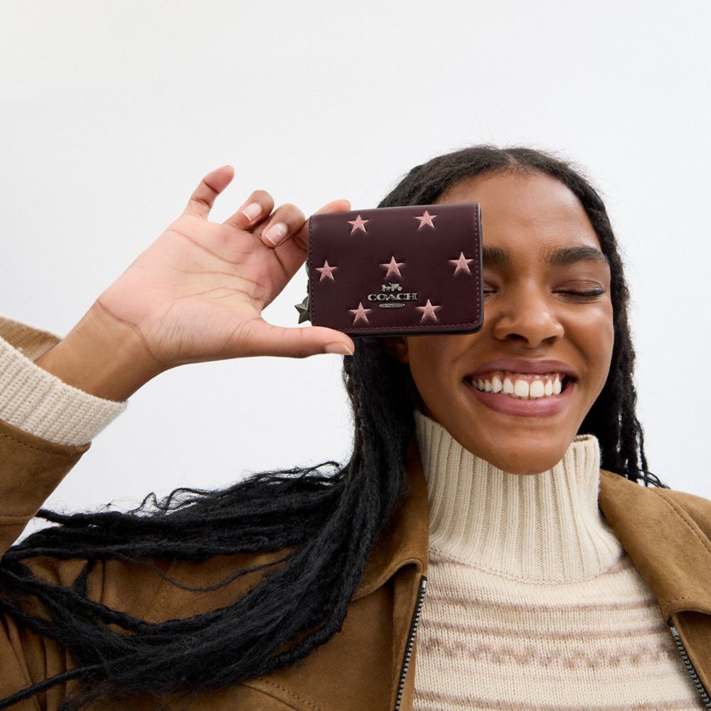 COACH®,Boxed Mini Wallet On A Chain With Star Print,Calfskin Leather,Crossbody,3D Embellishment,Metal,Logo,Casual,Maroon,Detail View