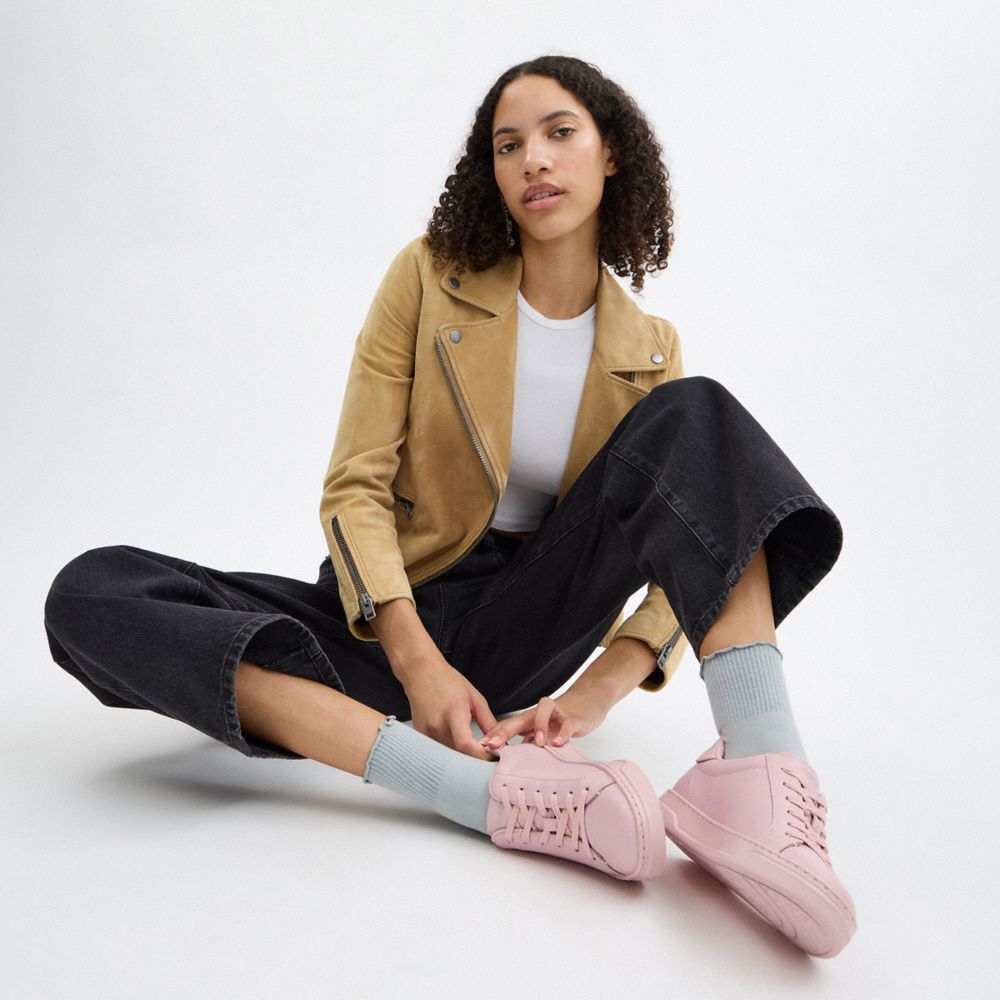 COACH®,High Line Sneaker,Leather,Lining Mesh,Mesh,Casual,Fabric,Logo,Embossed,Cushion Toe,Cushioned,Casual,Pink,Detail View