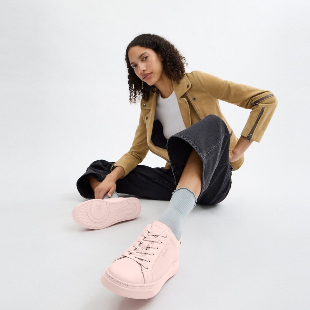 COACH®,High Line Sneaker,Lining Mesh,Mesh,Leather,Casual,Fabric,Logo,Embossed,Cushion Toe,Cushioned,Casual,Pink,Detail View