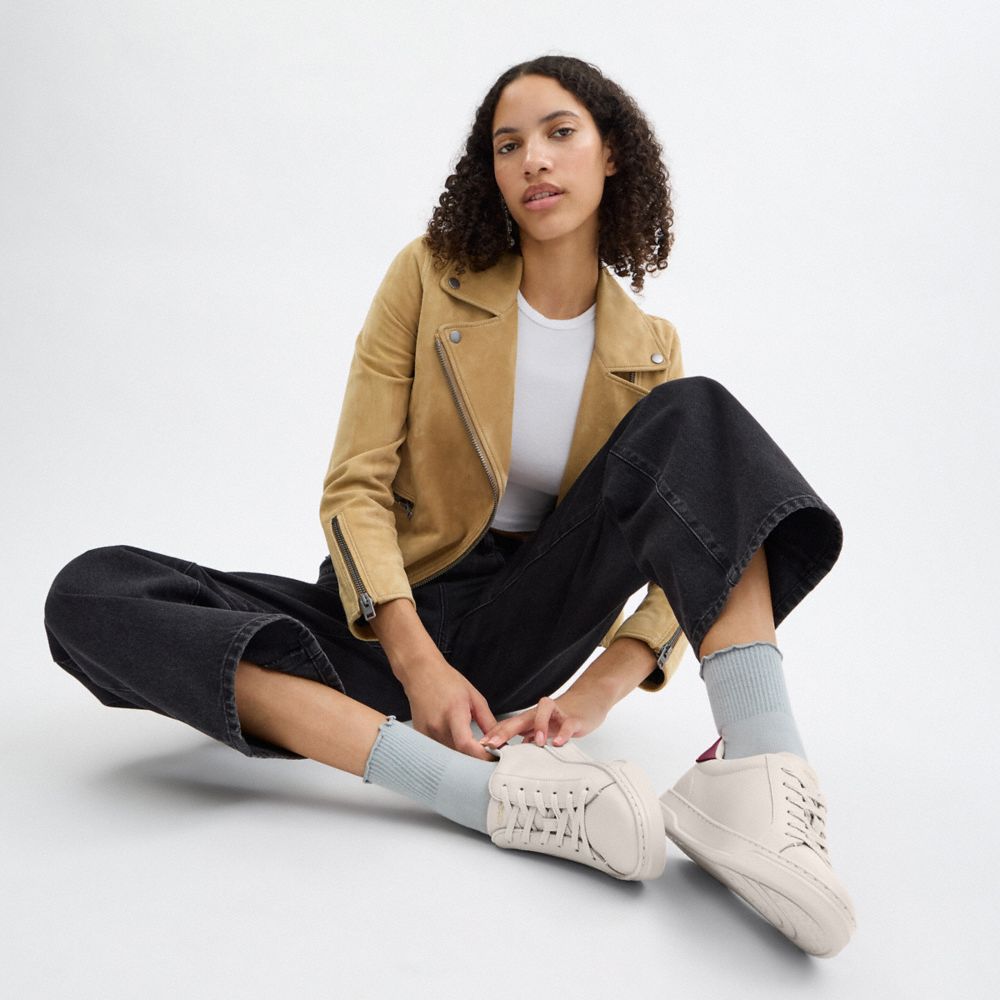 COACH®,High Line Sneaker,Lining Mesh,Mesh,Leather,Casual,Fabric,Embossed,Logo,Pull Tab,Casual,Cream,Detail View