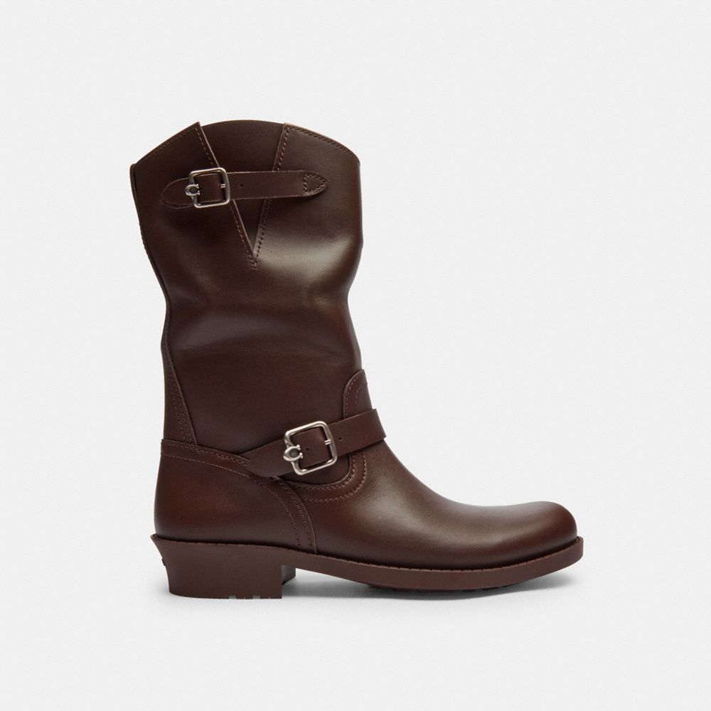 COACH®,Dawn Moto Bootie,Rubber,Moto,Notched Embellishment,Traction,Cushioned,Casual,Brown,Angle View