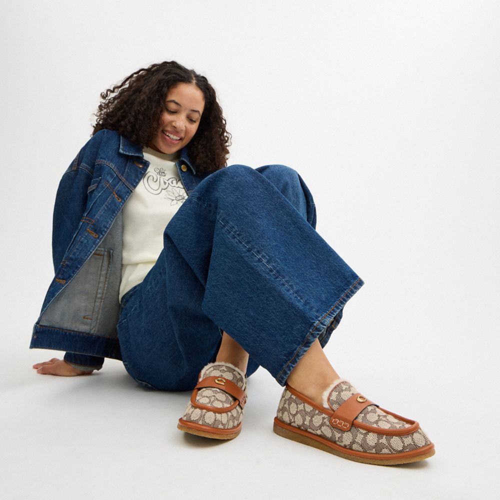 COACH®,Forest Slipper In Signature Textile Jacquard,Rubber,Cotton,Recycled Polyester,Flats,Loafer,Logo,Metal,Color Block,P...,Multi Color,Detail View