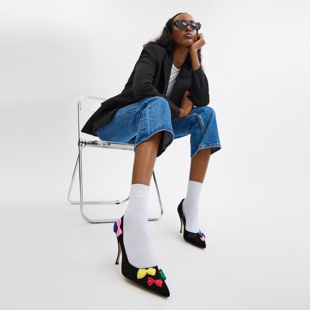 COACH®,Giovanna Pump,Suede,Rubber,Pumps,Fabric,Embellished,Bow,Pull Tab,Cocktail,Black,Detail View