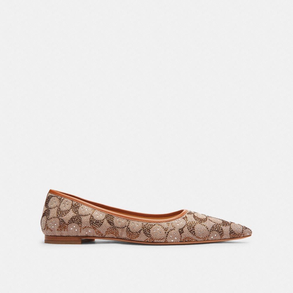 COACH®,Daphne Flat In Crystal Signature Jacquard,Polyester,Cotton,Flats,Crystal,Fabric,Embellished,Rhinestones,Cushioned,S...,Brown,Angle View