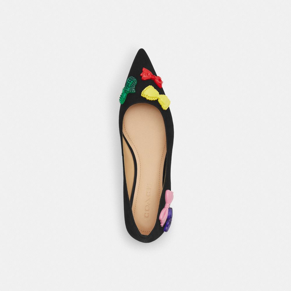 COACH®,Daphne Flat,Suede,Flats,Fabric,Embellished,Bow,Pull Tab,Day Party,Black,Inside View,Top View
