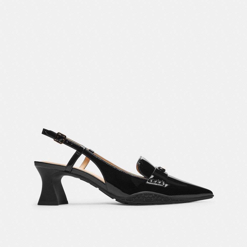 COACH®,Nikola Hybrid Slingback,Rubber,Pumps,Cut Out,Penny Loafer,Metal,Logo,Cushioned,Elastic Gore,Casual,Day Party,Black,Angle View