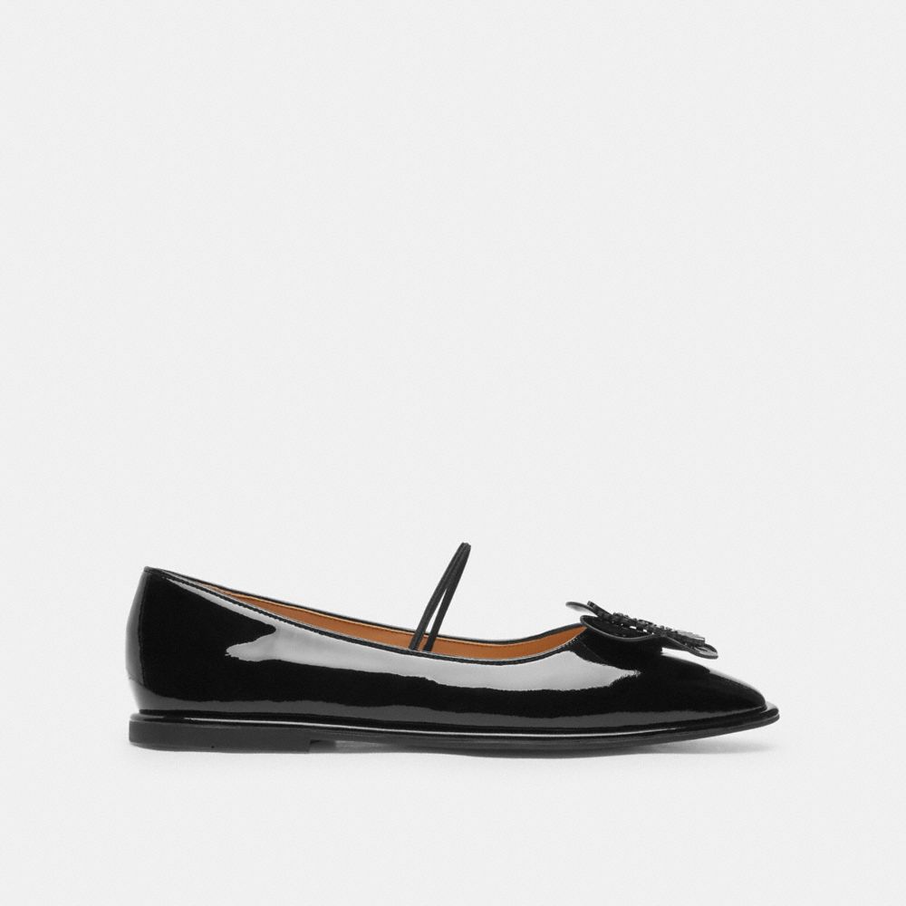 COACH®,Elaina Ballet,Rubber,Leather,Flats,Ballet Flats,Floral Embellishment,Logo,Traction,Casual,Black,Angle View