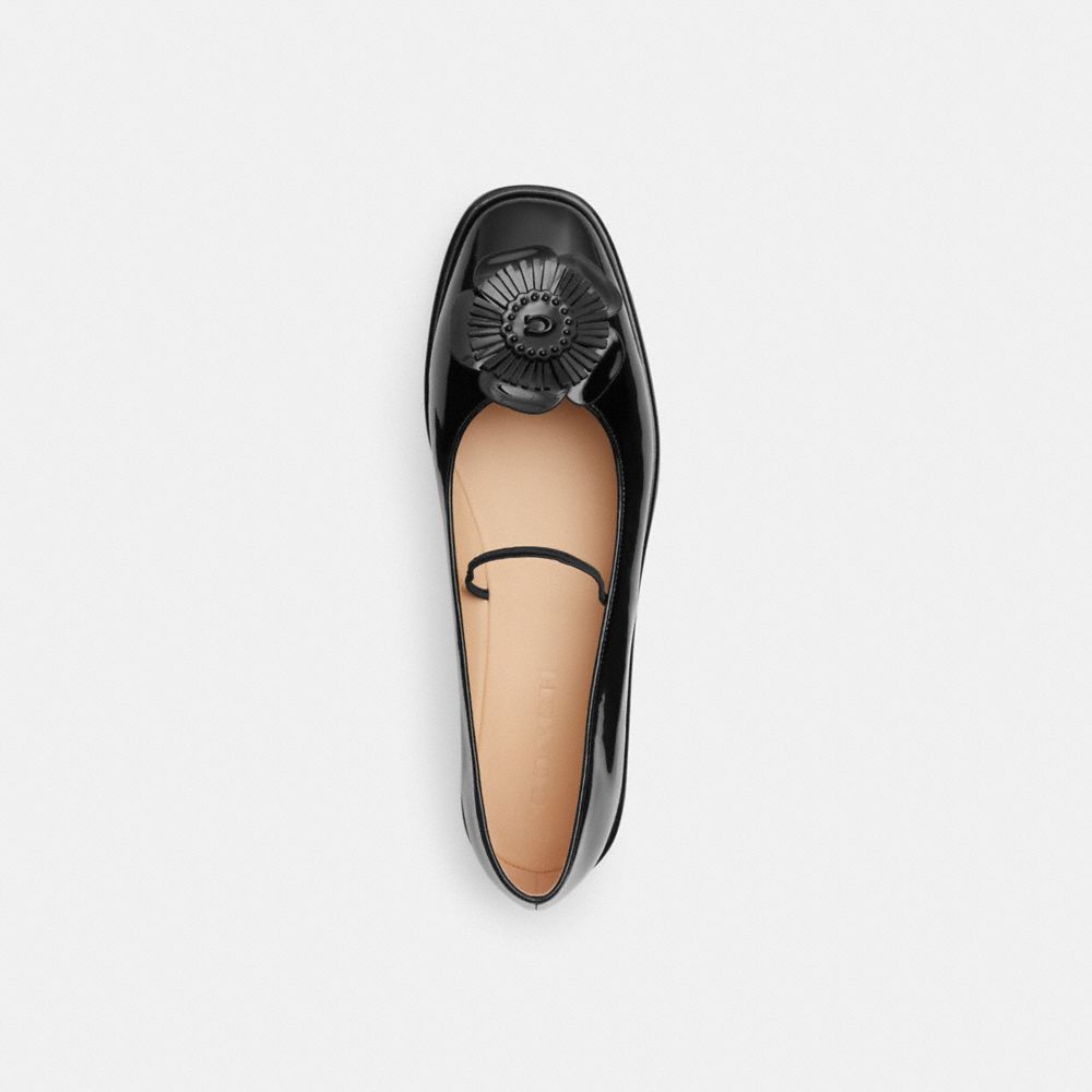 COACH®,Elaina Ballet,Rubber,Leather,Flats,Ballet Flats,Floral Embellishment,Logo,Traction,Casual,Black,Inside View,Top View