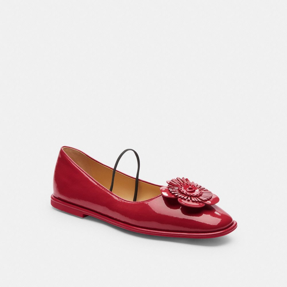 COACH®,Elaina Ballet,Rubber,Leather,Ballet Flats,Flats,Floral Embellishment,Logo,Traction,Casual,Maroon,Front View