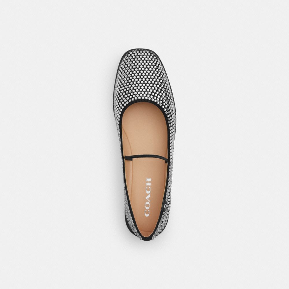 COACH®,Emilia Mary Jane With Crystal,Suede,Rubber,Ballet Flats,Foam,Embellished,Logo,Metal,Tag Embellishment,Rhinestones,P...,Multi Color,Inside View,Top View