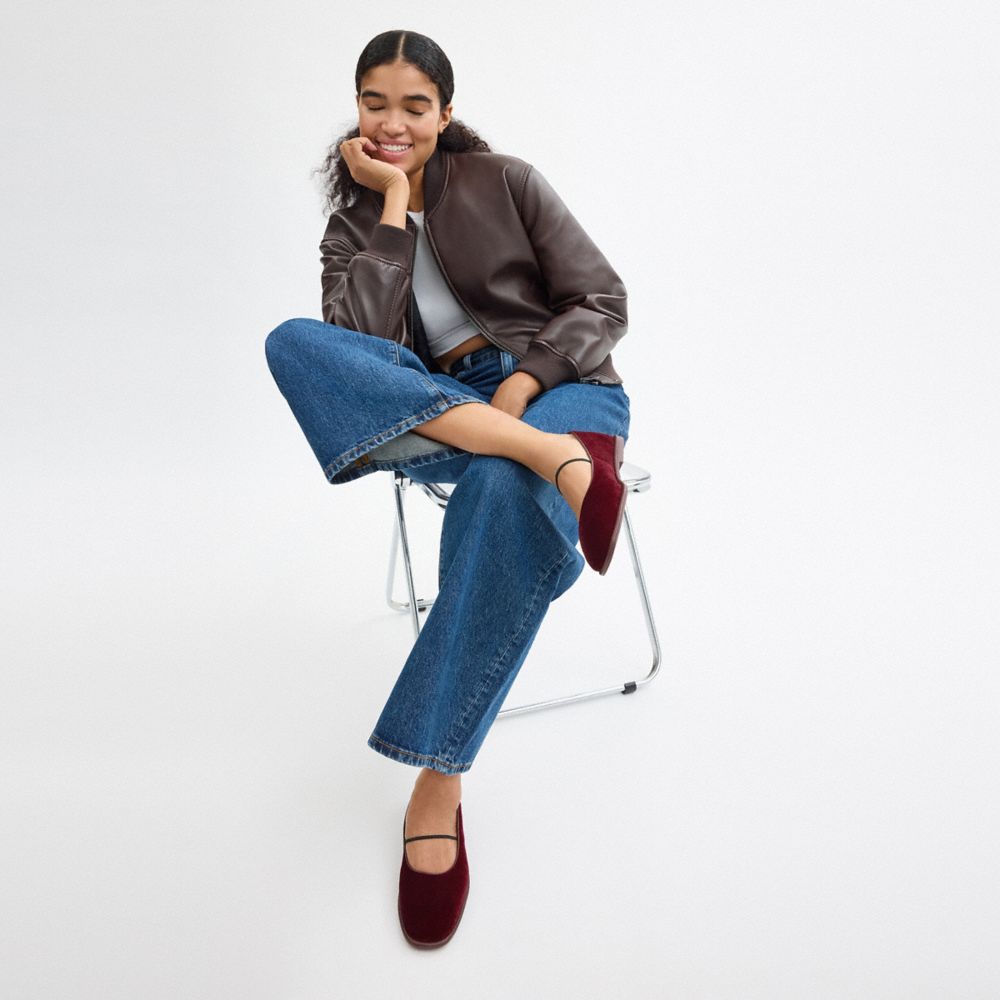 COACH®,Emilia Mary Jane,Rubber,Velvet,Ballet Flats,Foam,Logo,Metal,Cushioned,Work,Casual,Maroon,Detail View