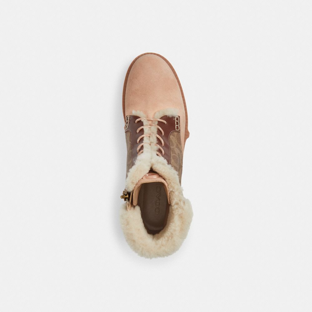 COACH®,Leighton Bootie In Signature Canvas,Rubber,Leather,Combat,Winter,Bootie,Mixed Media,Color Block,Shearling,Pull Tab,...,Brown,Inside View,Top View