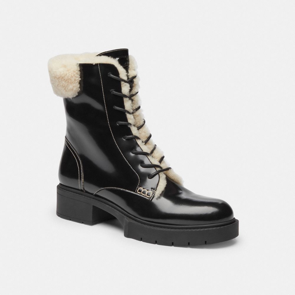 COACH®,Leighton Bootie,Rubber,Leather,Winter,Combat,Bootie,Color Block,Shearling,Pull Tab,Outdoor,Casual,Black,Front View