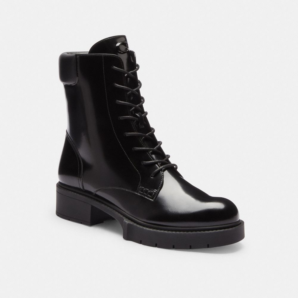 COACH®,Leighton Bootie,Leather,Rubber,Combat,Bootie,Pull Tab,Casual,Black,Front View