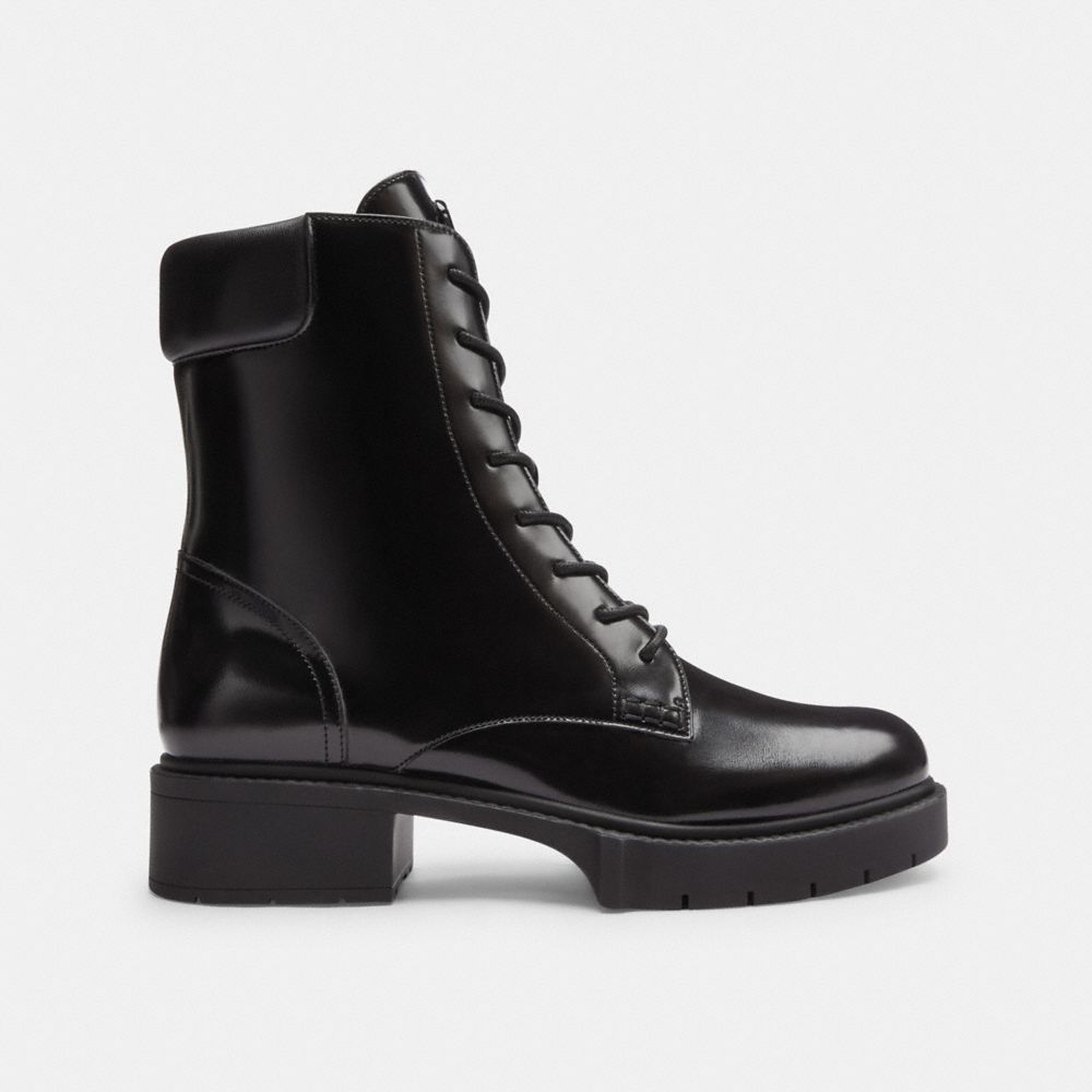 COACH®,Leighton Bootie,Leather,Rubber,Combat,Bootie,Pull Tab,Casual,Black,Angle View