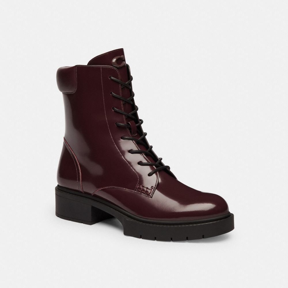 COACH®,Leighton Bootie,Leather,Rubber,Combat,Bootie,Pull Tab,Casual,Maroon,Front View