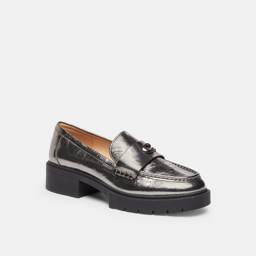 COACH®,Leah Loafer,Leather,Rubber,Loafer,Foam,Logo,Penny Loafer,Cushioned,Casual,Work,Black,Front View