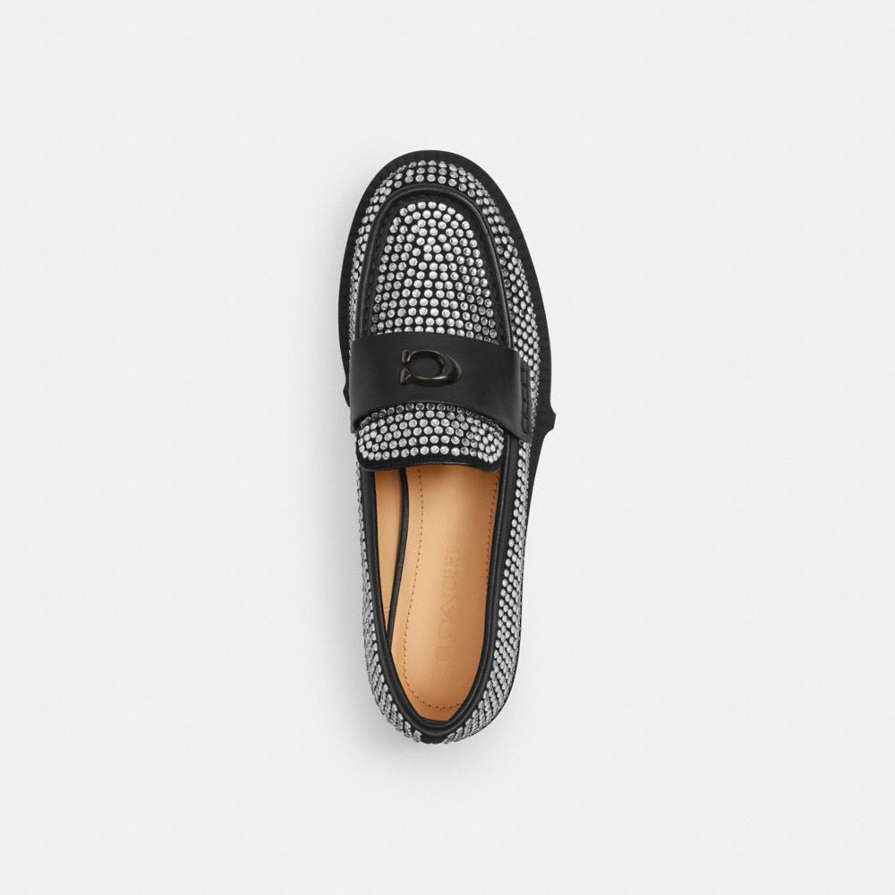 COACH®,Leah Loafer With Crystal,Suede,Rubber,Loafer,Logo,Rhinestones,Penny Loafer,Metal,Piping,Cushioned,Casual,Day Party,Multi Color,Inside View,Top View
