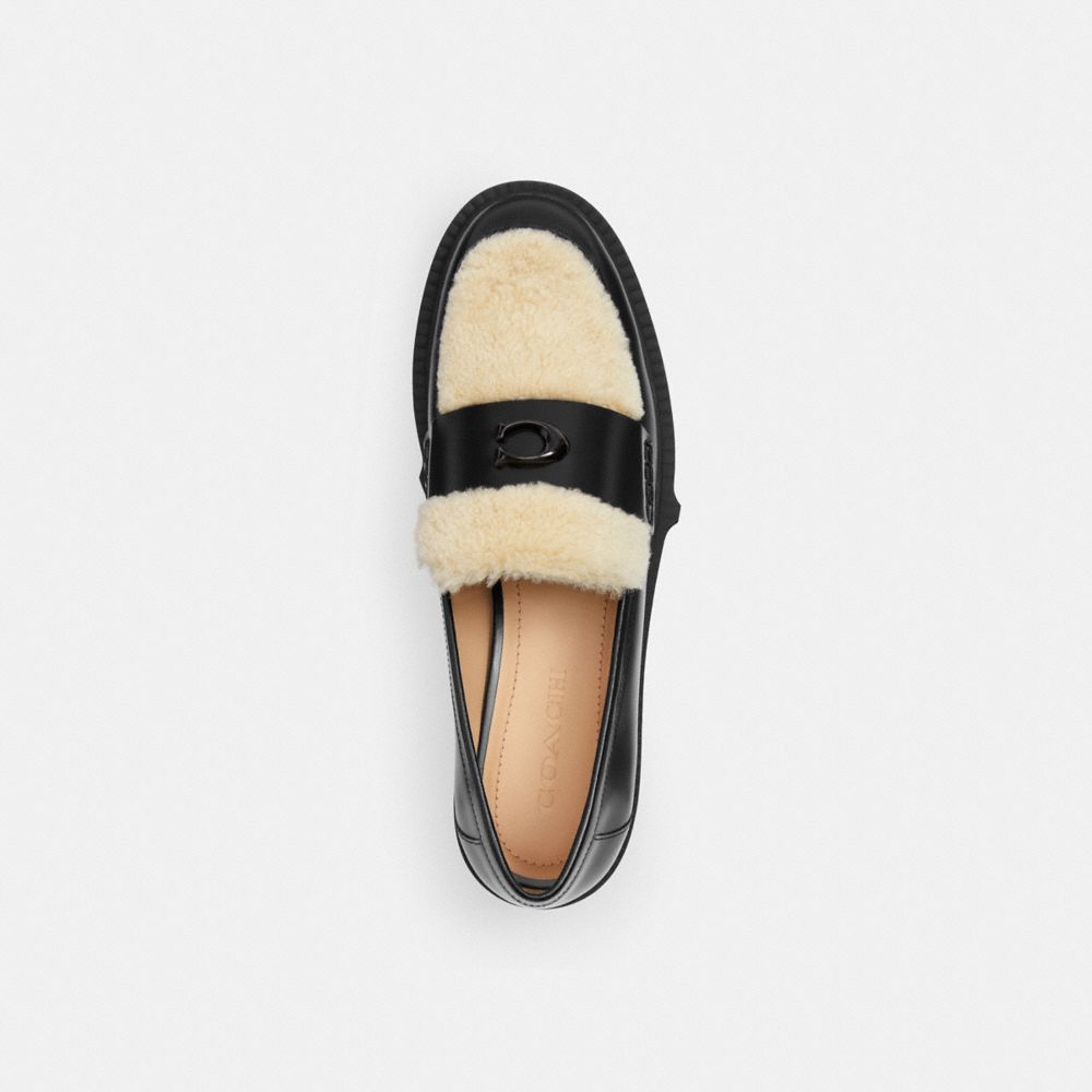 COACH®,Leah Loafer,Leather,Rubber,Loafer,Foam,Logo,Shearling,Metal,Color Block,Memory Foam Insole,Casual,Black,Inside View,Top View