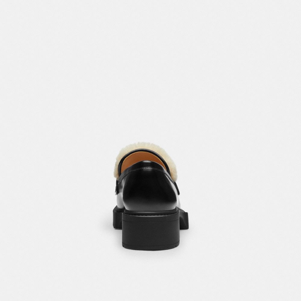 COACH®,Leah Loafer,Leather,Rubber,Loafer,Foam,Logo,Shearling,Metal,Color Block,Memory Foam Insole,Casual,Black,Alternate View