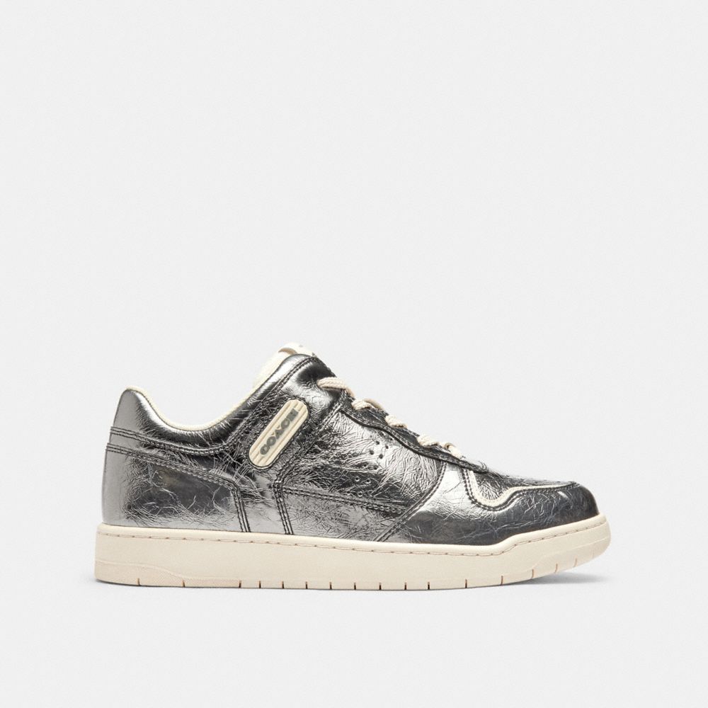 COACH®,C201 Low Top Sneaker,Leather,Rubber,Casual,Logo,Embossed,Perforated,Traction,Pull Tab,Casual,Day Party,Silver,Angle View