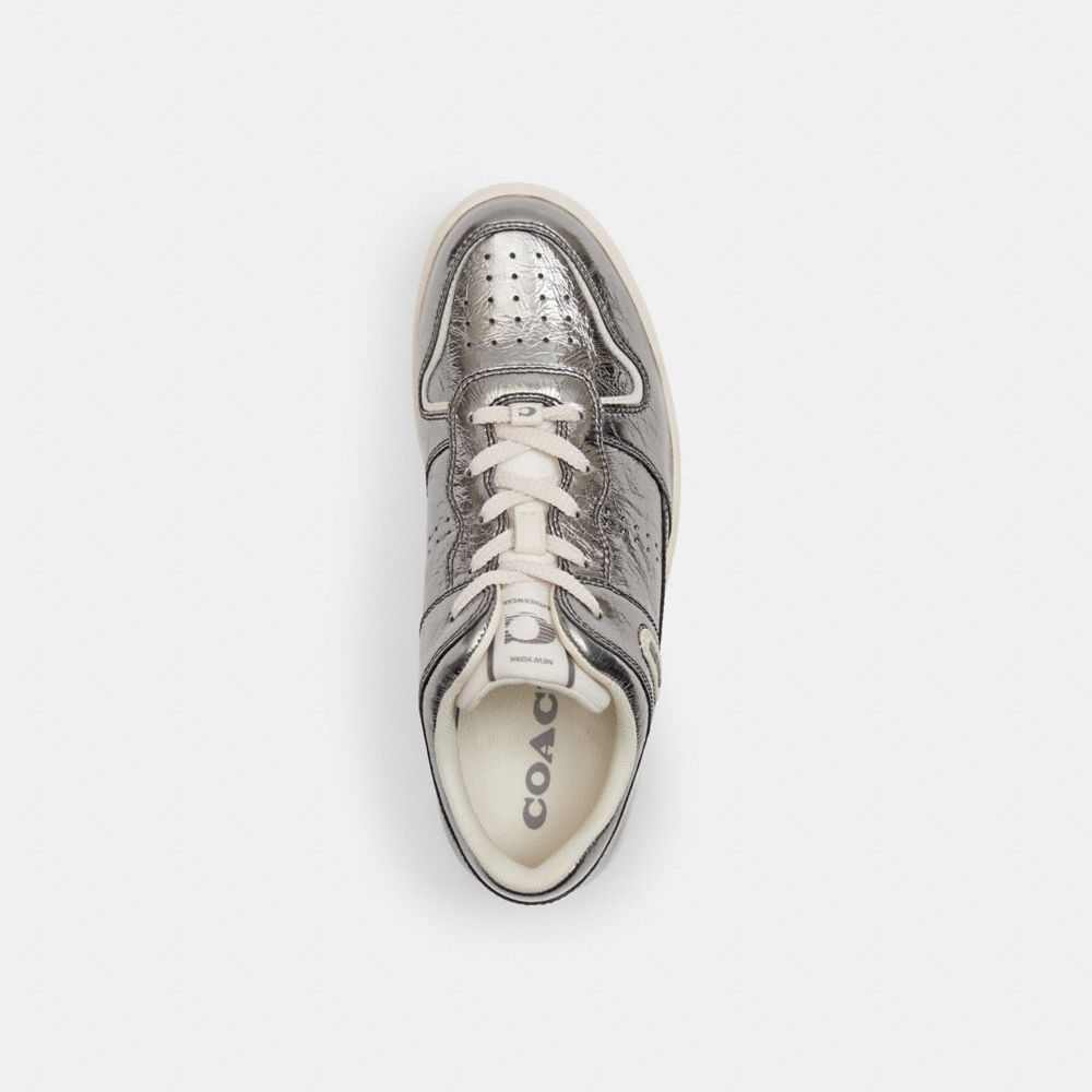 COACH®,C201 Low Top Sneaker,Leather,Rubber,Casual,Logo,Embossed,Perforated,Traction,Pull Tab,Casual,Day Party,Silver,Inside View,Top View