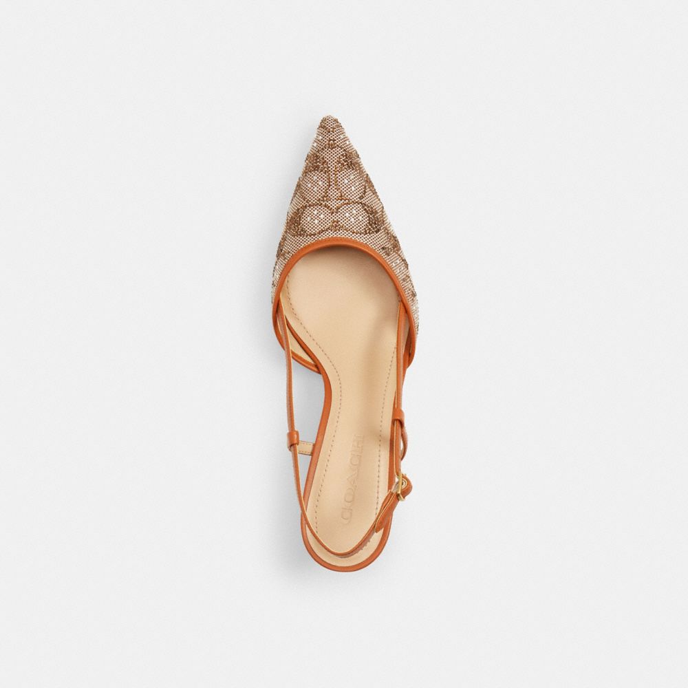 COACH®,Rosie Slingback In Crystal Signature Jacquard,Cotton,Flats,Fabric,Crystal,Piping,Rhinestones,Elastic Gore,Sustainab...,Brown,Inside View,Top View