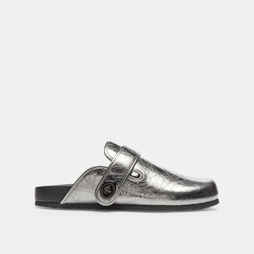 COACH®,Blake Clog,Leather,Rubber,Clogs,Traction,Cushioned,Casual,Metallic,Angle View